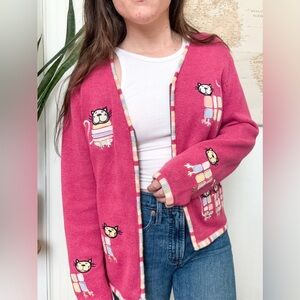 Vintage Christopher & Banks Pink Cat Embroidered Cardigan